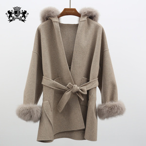 Manteau d'hiver pour <span class=keywords><strong>femme</strong></span> en cachemire, doux, élégant et tendance, avec capuche amovible en vraie fourrure de renard, nouvelle collection - Product Image 4