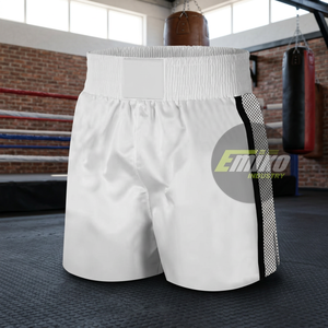 Pantalones Cortos de Boxeo MMA Blancos Personalizados con Franjas Laterales y Cintura de Velcro, Pantalones Cortos de Boxeo de Alta Calidad a Precio de Mayoreo - Product Image 2