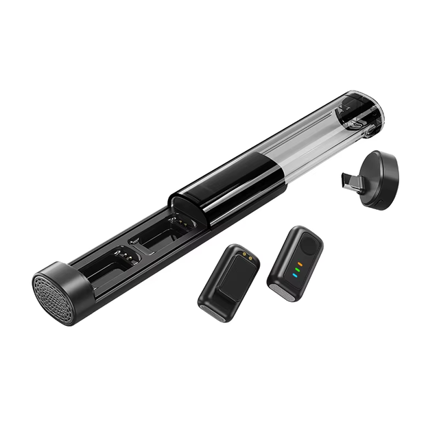 Futuristic Dual Wireless Lapel Mic with Transparent Tube Charging Case Plug & Play Microphone for iPhone Android Livestreaming