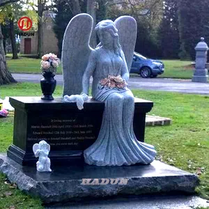 India Black Granite Cemetery Angel Wing Statues Headstone Tombstone With Bench