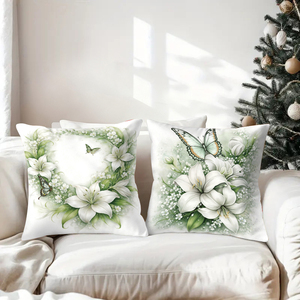 Elegant white lily and butterfly patterned throw pillows for cozy living room decor - Product Image 3