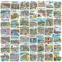 Paquete de 50 Pegatinas de PVC Impermeables con Mapas Turísticos Dibujados a Mano para Niños, para Laptop, Patineta, Maleta, Cuaderno, Taza, Botella de Agua