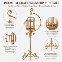 Vente en gros de cage à oiseaux miniature en métal 1:12 pour maison de poupée, cage à oiseaux suspendue en fil doré vintage avec support pour la décoration de jardin féerique
