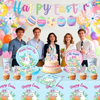 Assiettes, gobelets, serviettes, couverts, décorations, décorations de gâteau, ballons et spirales en papier à thème Lapin de Pâques et Œuf, style mignon pour fête