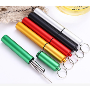 Pailles télescopiques en acier inoxydable avec brosse de nettoyage, réutilisables, écologiques, colorées, portables, ensemble porte-clés - Product Image 1