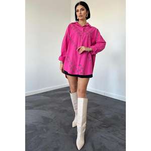 Vestido Camisero de Lino Color Fucsia, Cuello Camisero, Transpirable, Tejido Informal para Uso Diario, Estilo Color Caramelo - Product Image 2