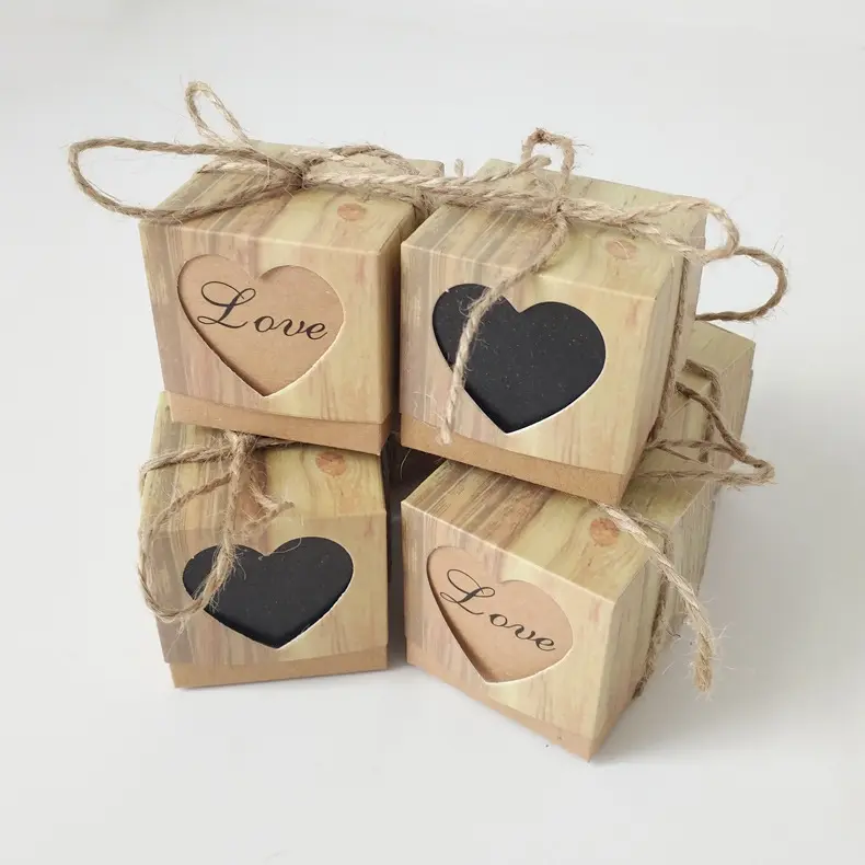 Baby Shower Wedding Party Tableware Decoration Retro Vintage Style Wood Grain Pattern Love Heart Favor Candy Paper Packing Box