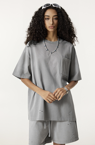 Estivo Trendy marchio americano pesante sputing ippocastano sfumato t-shirt a maniche corte da uomo di grandi dimensioni con Set di Shorts - Product Image 4