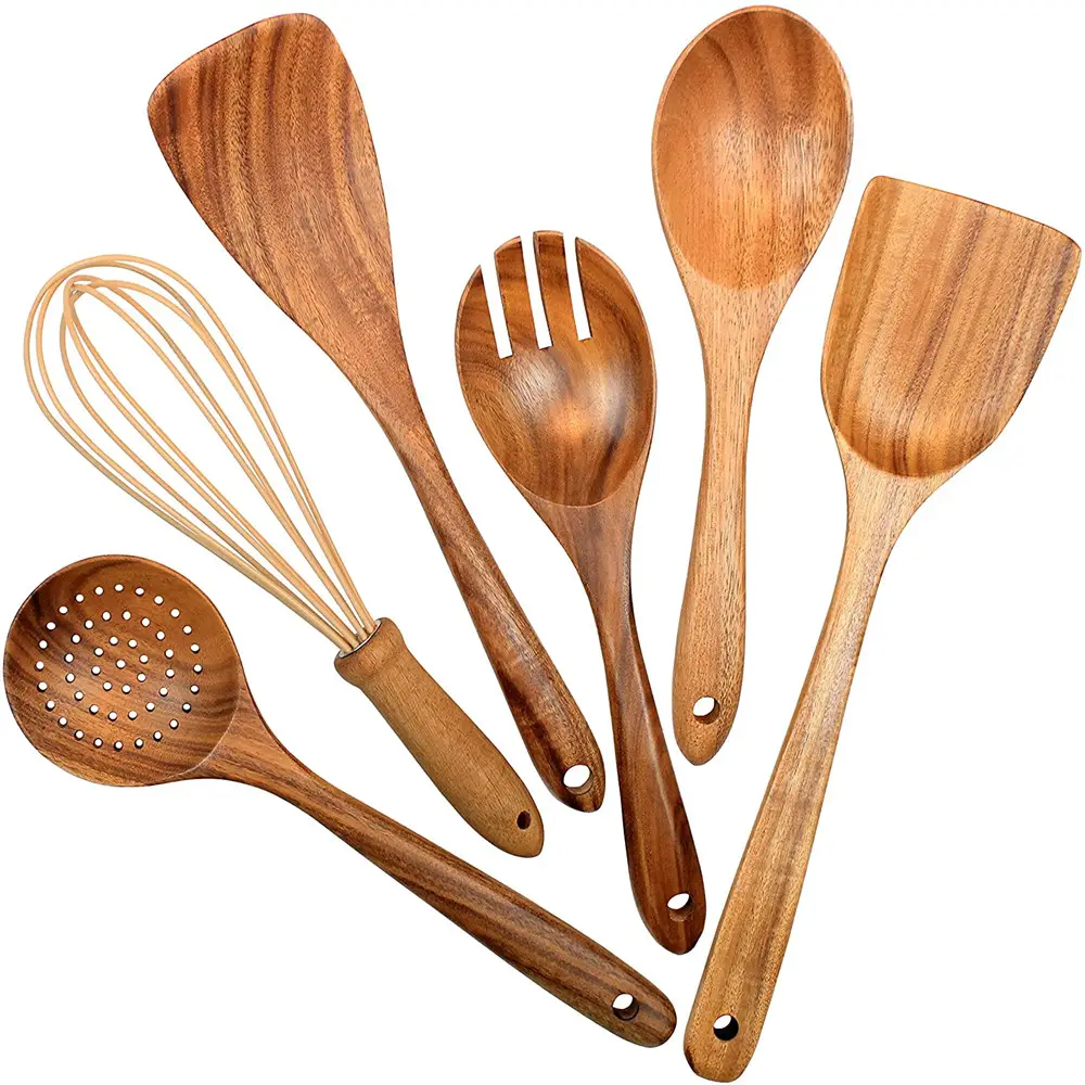 Groothandel Natuurlijke Teak Hout Spatel Gebruiksvoorwerpen Keuken Ware Houten Kookgerei Lepel Set Voor Koken