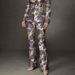 Hochwertiger, eleganter Damen-Retro-Jacquard-Anzug mit lila Blumenmuster, Metallic-Farben, langer Schnitt, Knopfverschluss - Product Image 4