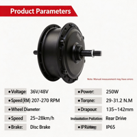 Moteur de roue arrière 48V 250W à entraînement rotatif, instrumentation en option