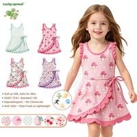 Robe d'été légère pour filles, sans manches, imprimé dessin animé, à volants, ourlet festonné, nœud papillon, tenue décontractée pour enfants