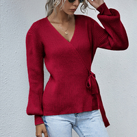 Bán Buôn Sẵn Sàng Cổ Phụ Nữ Thời Trang Đan V-cổ Cardigans Áo Len Ladies Knit Top Áo Len Với Vành Đai