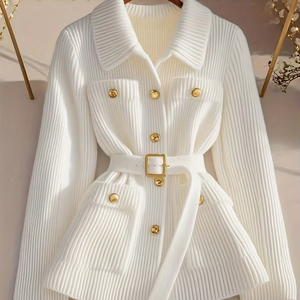 Nuevo Diseño, Cárdigan de Punto con Cuello Camisero Blanco, Elegante y sin Esfuerzo, <span class=keywords><strong>Abrigo</strong></span> de Punto de Diseñador - Product Image 1