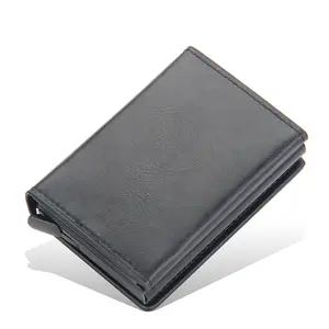 चुंबक धातु बटुआ आरएफआईडी अवरुद्ध पु चमड़ा क्रेडिट कार्ड धारक बटुआ एल्यूमीनियम मामले के साथ चुंबकीय बटन और सिक्का जेब