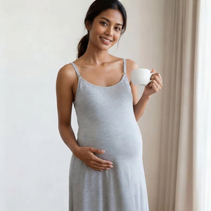 1727 <strong>Maternity</strong> Slip <strong>Dress</strong> <strong>for</strong> Summer Suspender Skirt Mid-length Crew Neck Anti-bacteria Plus Size Nursing <strong>Dress</strong> with Breast Pads - Product Image 1