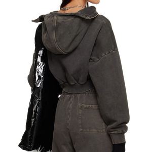 Sudadera Corta Estilo Hip Hop, Sudadera con Capucha de Algodón y Felpa, Estilo Vintage con Efecto Desgastado, Sudadera Corta para Mujer - Product Image 3