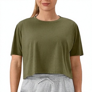 Camiseta Deportiva Corta para Mujer, Color Verde Oliva, Cuello Redondo, Color Sólido, Informal, Manga Corta, para Gimnasio - Product Image 1