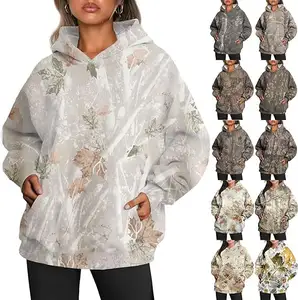 Women's Print Camo Hoodie Maple-Leaf Print Oversize Sweatershirt With Pocket Casual Fall Pullover Hooded Sweatershirts