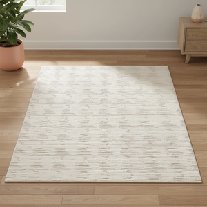 Tappeto in Lana Contemporaneo Color Avorio con Design Astratto Inciso, a Pelo Alto e Basso, Variazione <span class=keywords><strong>Tonale</strong></span>, Fatto a Mano, Eco-Friendly, Lusso per la Casa - Product Image 1