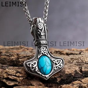 Customized Nordic Viking Jewelry Mens Stainless Steel Celtic Amulet Knot Turquoise Stone Pendant Necklace