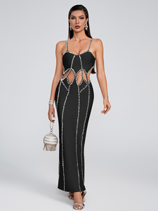 Vestido Midi Bodycon Feminino com Alça de Strass, Vestido de Festa Sexy com Recortes, Vestido de Coquetel Preto Sem Mangas, Atacado OEM - Product Image 1