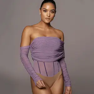Mesh Off Shoulder Bodysuit 2022 Summer Sexy One Piece Jumpsuit Women Romper T Shirt Tops Ladies Body Suit