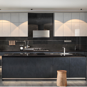 HAIYUE Mobile da Cucina Minimalista in Legno Grigio Scuro e Nero, Armadio da Cucina Modulare Personalizzato Senza Maniglie per Ristrutturazione Casa Open Space - Product Image 1