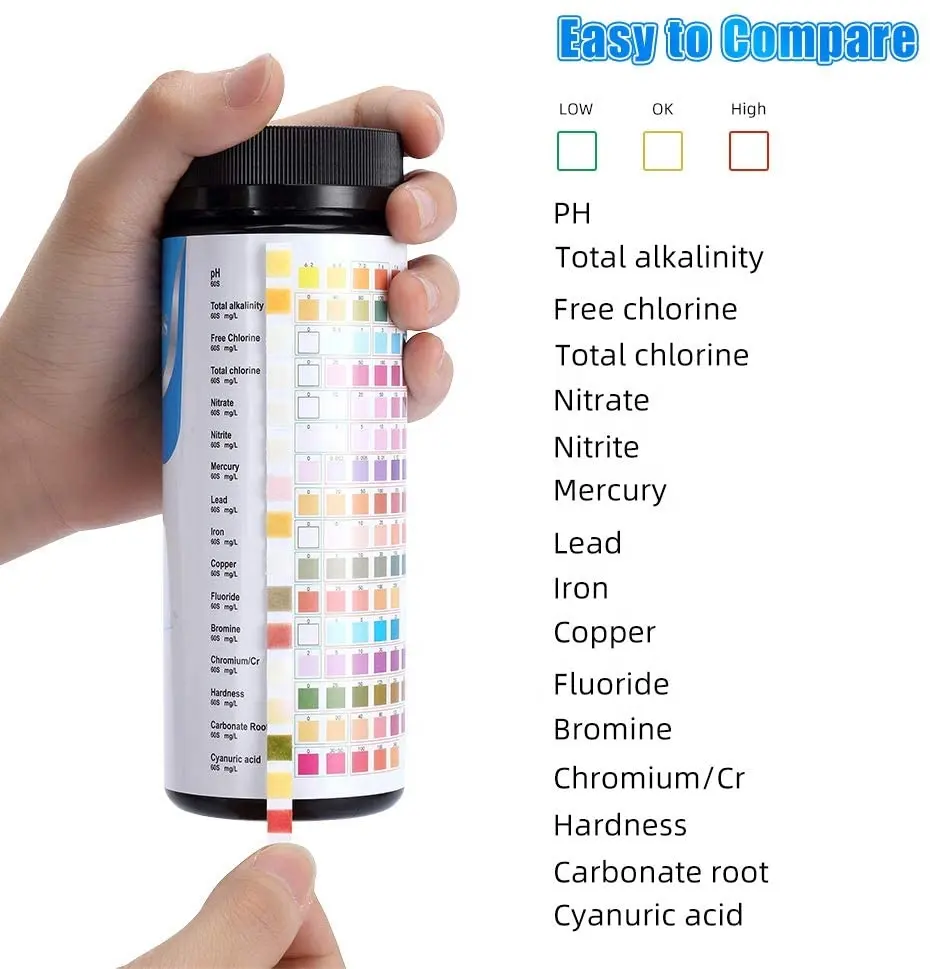 16 मापदंडों पानी की गुणवत्ता परीक्षण स्ट्रिप्स, स्विमिंग पूल के लिए, एक्वैरियम और पीने के पानी