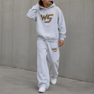 Conjunto Deportivo Personalizado Unisex de Talla Grande para Otoño, 2 Piezas, Transpirable, Sudadera con Capucha y Pantalones Anchos con Parche de Tela con Estampado de Leopardo - Product Image 2
