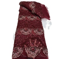 Tissu KC de luxe, dentelle florale festonnée multicolore perlée, tulle entièrement orné de paillettes et de strass pour robe de mariée ou de banquet à Dubaï