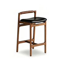 Tabouret de bar en bois massif nordique, chaise de comptoir minimaliste moderne vintage de style mid-century avec dossier en cuir pour îlot de cuisine