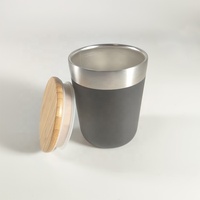 Termos dinding ganda 2023 ml, botol air hitam Matte dengan tutup bambu, dinding ganda 300ml