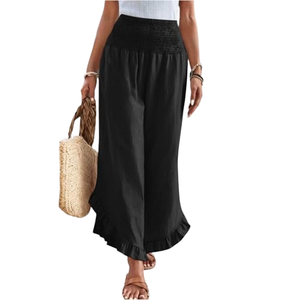 Women's High Waisted Elastic Waist Loose Wide Leg <b>Chiffon</b> Flat Front Ruffles Solid Black Bohemian Style Summer Full Length Pants - Product Image 1