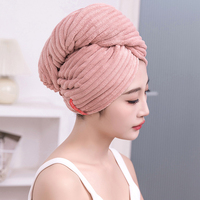 FF6437 Serviette de séchage pour cheveux à rayures avec logo personnalisé pour femmes, turban pour cheveux, bonnet en polaire corail super absorbant