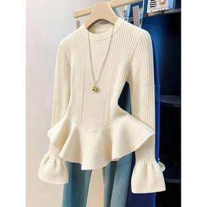 เสื้อสเวตเตอร์ผู้หญิงแขนยาวคอสูงสีน้ำตาลถักไหมพรมไซส์ใหญ่ - Product Image 3