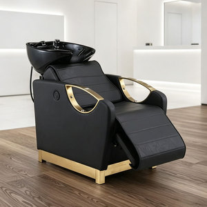 Modern Reclining Shampoo <b>Bed</b> with Gold Trim & Footrest PU Leather Hair Washing Station for Beauty Salon - Product Image 5