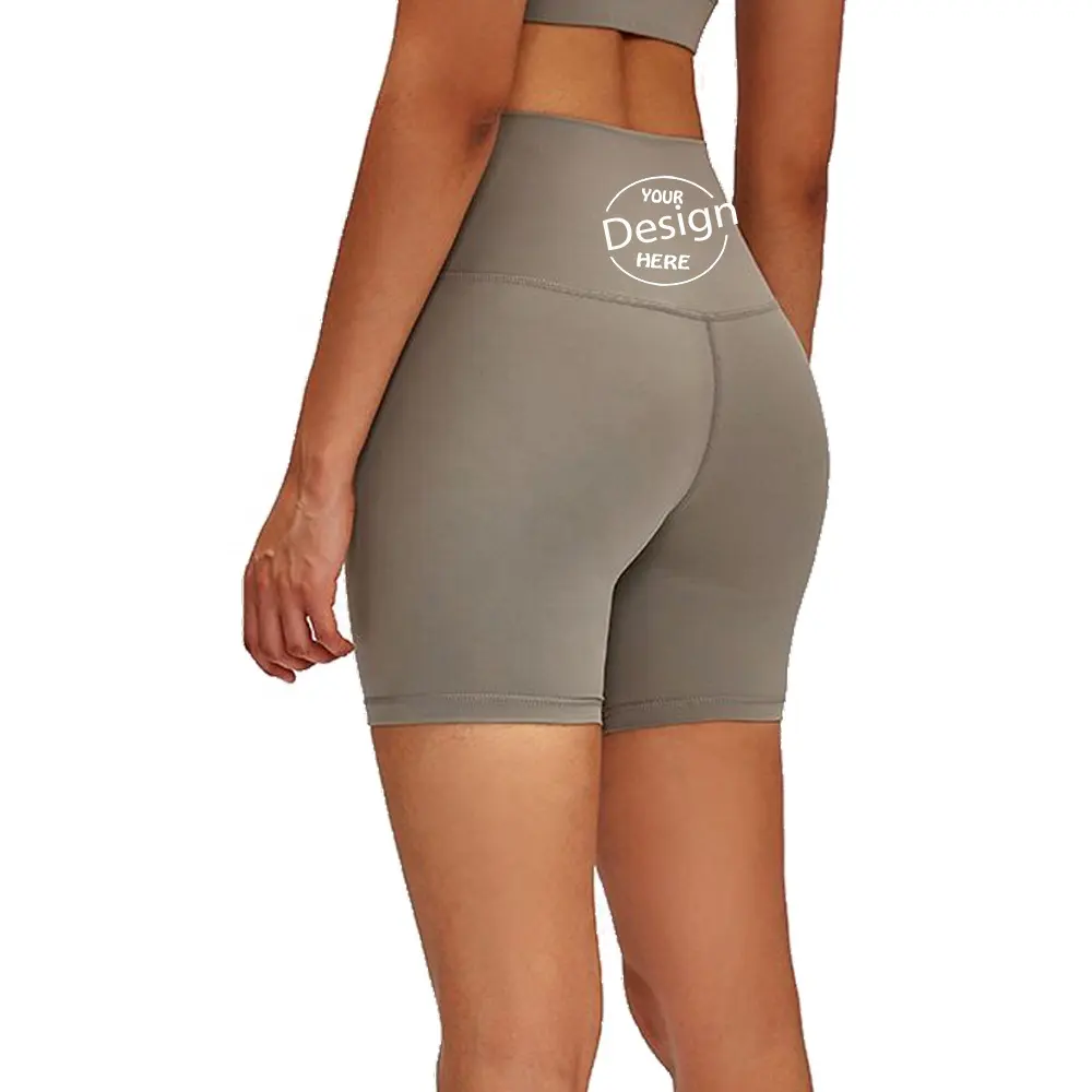 Celana Pendek Yoga Wanita Logo Oem Grosir Nilon Spandeks Wanita Pinggang Tinggi Celana Pendek Pengendara Motor Dicetak Polos Lari Gym Celana Yoga Pendek
