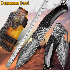 Japans gesmeed damaststaal camping- en jachtmes, opvouwbaar zakmes met comfortabel ebbenhouten handvat en leren schede voor heren - Product Image 2