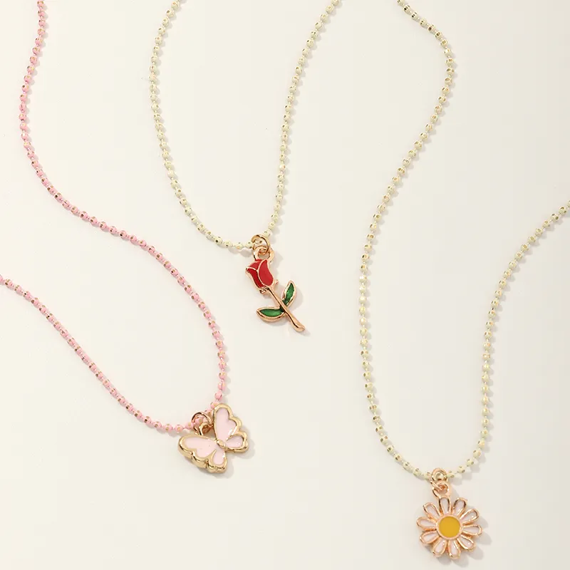 3pcs/set Wholesale Simple Flower Butterfly Rose Pendant Necklace Colorful Chain Jewelry For Women
