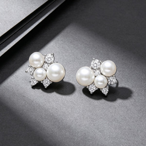 Freshwater <b>Pearl</b> Stud <b>Earrings</b> With Round Brilliant Cut <b>Diamonds</b> 925 Silver Flower Design Classic Women's Wedding Jewelry - Product Image 4
