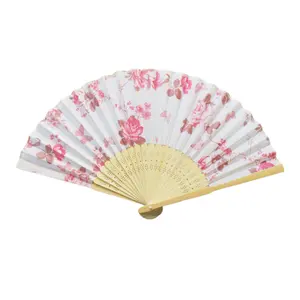 [I AM YOUR FANS]Chinese Rose Plum Flower Printed Sakura Silk Bamboo Ribs Fan Folding Fan