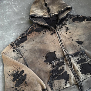 <span class=keywords><strong>Felpa</strong></span> <span class=keywords><strong>con</strong></span> Cappuccio e Zip Personalizzata, Effetto Invecchiato e Strappato, Bordo Sfilacciato, Modello Corto per Uomo - Product Image 3