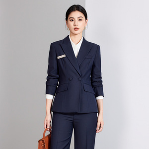 Women's Business Suit Set Dark Blue Full Sleeve Anti-Wrinkle Office Lady Formal Wear For Work Commuting - Product Image 4