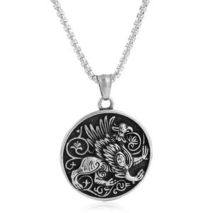 <b>Titanium</b> Steel Animal Kylin Pendant 24mm Round Silver Necklace For Men Everyday Wear - Product Image 1
