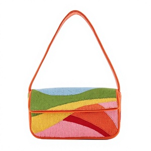 Sac bandoulière élégant pour femme, fait main, brodé, avec un nouveau motif abstrait rectangulaire coloré en tissu de coton, sangle orange - Product Image 1