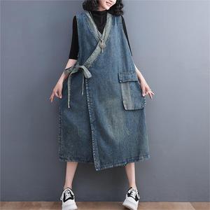 Personnalisé A-ligne Asymétrique Solide Lâche Sans Manches Midi Col V Poches Ceintures Robe <span class=keywords><strong>Haute</strong></span> Qualité Unique Femmes Coton Denim Robes - Product Image 4