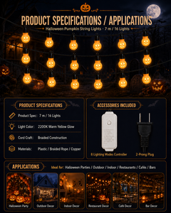 Nouvelles guirlandes lumineuses décoratives d'extérieur JeeFine Halloween en corde tressée, lanterne citrouille creuse, LED blanc chaud 2200K, 7M, étanches IP44 - Product Image 5