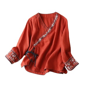 Embroidered Cotton Linen Top Women Loose Fit V Neck Diagonal Placket Purple Ethnic Style Tea Dress - Product Image 5