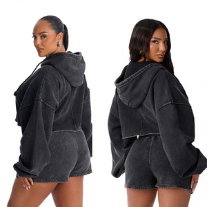 Women's Trendy Crop Zipper Hoodie and Drawstring Shorts Sets Plus Size &Slim Fitted Casual Fashion Regular Clothing Manufacturer - Product Image 1